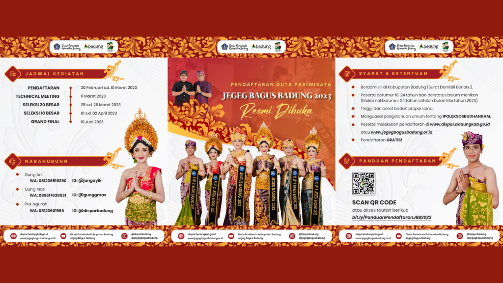 Pendaftaran pemilihan Duta Pariwisata Jegeg Bagus Badung 2023 resmi dibuka.